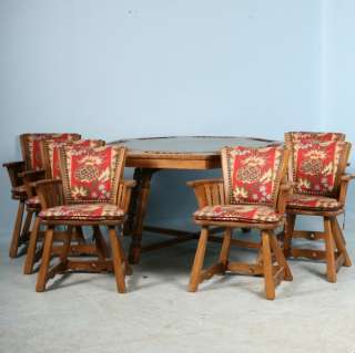 Vintage Antique Oak Poker Table with Chip Holders & 6 Chairs  