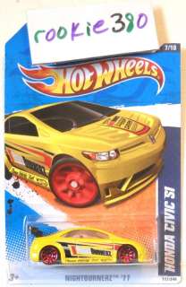 2011 Hot Wheels #117 HONDA CIVIC Si Nightburnerz Yellow Red 10 Spoke 