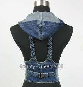 Braided Woven Straps Hooded Denim Vest Jeans Blue S/M/L  