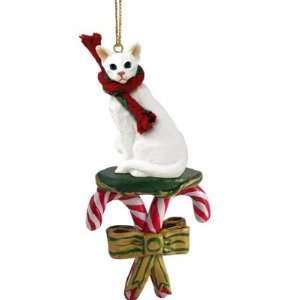  White Oriental Shorthaired Candy Cane Christmas Ornament 