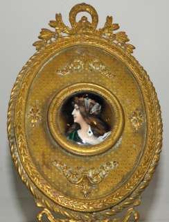   Dore Bronze Mirror w Enamel Portrait Miniature Painting Medallion NR