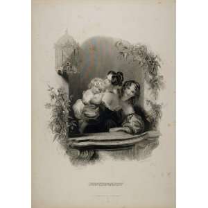  1838 Victorian Women Child Honeysuckle Vine Engraving 