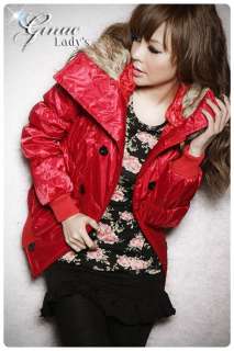 FAUX FUR HOODED DOUBLE BREASTED SHORT COAT RED 914  