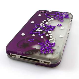 Purple Flowers Gem Bling Hard Case Cover For Apple iPhone 4S NEW 