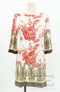   Marcus Exclusive White, Red & Brown Floral Printed Silk Shift Dress Sz