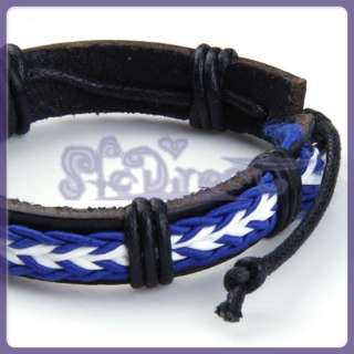 Stylish Leather Braided Bracelet Wristband Blue White  