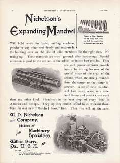 1899 W. H. Nicholson & Co Ad Expanding Lathe Mandrels  