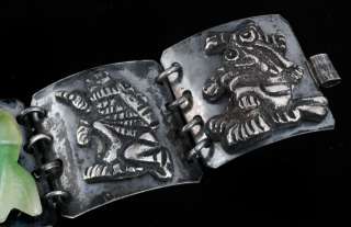   Vintage MEXICAN Silver BRACELET Carved Jade MASK FIGURAL Appliques