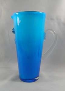 Cased Blue Blown Art Glass Pitcher with Applied Face  