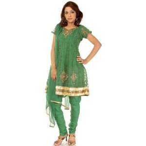  Green Choodidaar Suit with Antique Embroidery and Sequins 