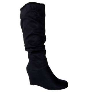   Slouchy Shearing Cuff Suede Knee High Wedge Boots Black AllSz  