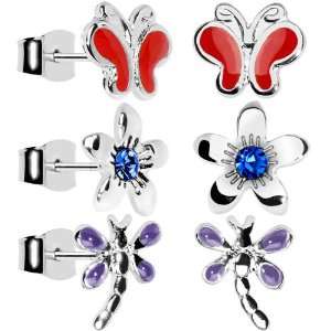  3mm Butterfly and Flower Stud Earring Set Jewelry