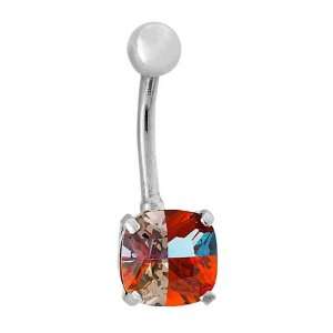   Rainbow Cubic Zirconia SQUARE CUT 14K White Gold Belly Button Ring