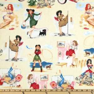  44 Wide Pin Up Girls Tossed Cream Fabric By The Yard 