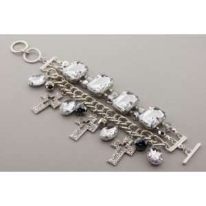 Burnish Silver Casting Cross Charm Toggle Bracelet with Clear Acrylic 