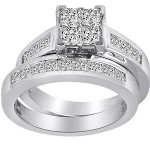  14K White Gold Princess Diamond Bridal Engagement Wedding Ring Set 