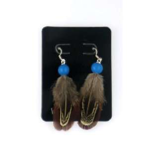  Feather Earrings with Aqua Bead and Brown Feather Beauty