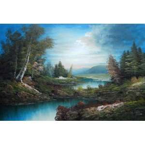  Lakeside Cabin in Mountain Area Forest Oil Painting 24 x 