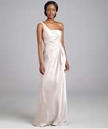 LM Collection alabaster sateen one shoulder beaded evening dress style 