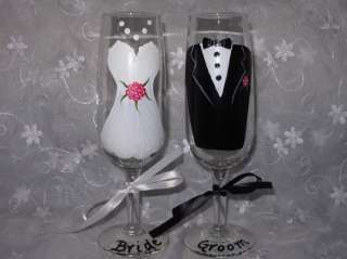 Bride & Groom Hand Painted Wedding Flutes Wine Glasses  