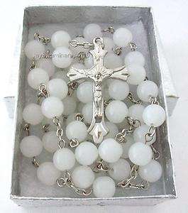 White Rosary 8mm Glass Beaded Necklace Cross 32 Long  