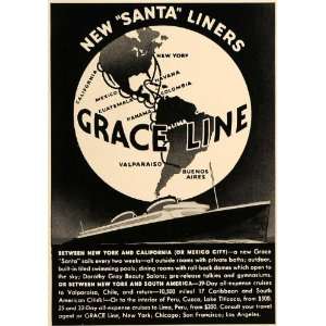  1936 Ad Santa Liners Grace Line World Map Routes Cruise 