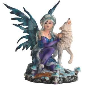  Blue Tundra Fairy Kneeling with White Howling Wolf 
