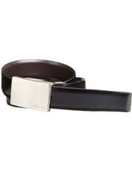Calvin Klein Mens Feather Edge Leather Belt With Plaque Buckle