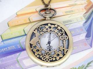 Rabbit Key flowers Vintage style pocket clocket watch necklace pendant 