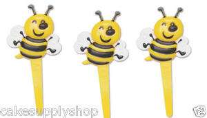 24 BEE YELLOW BUMBLE BEES CUPCAKE PICKS CAKE DEORATION TOPPER NEW 
