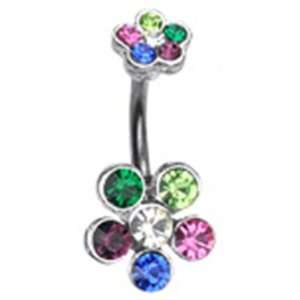  Flower Belly Button Navel Ring with Multi Rainbow Gems and 