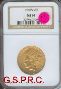 1910 S $10 INDIAN NGC MS61 MS 61  SCARCE DATE  P.Q.   