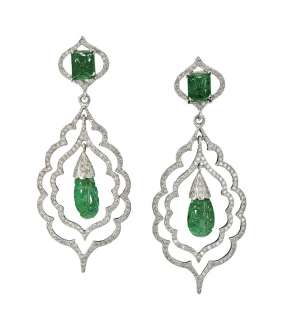 VIDEO █$14000 NATURAL 29.50ct. CARVED EMERALD DIAMOND EARRINGS 
