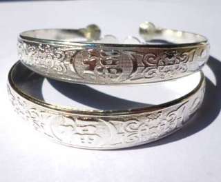 Pair White Silver Carved Chinese Blessing Words Bangle Cuff Bracelet 