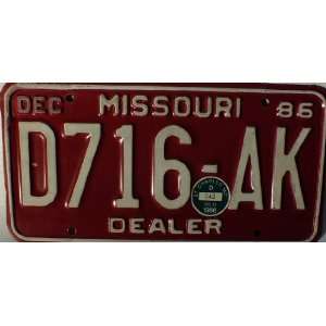  Missouri 1986 Dealer License Plate 
