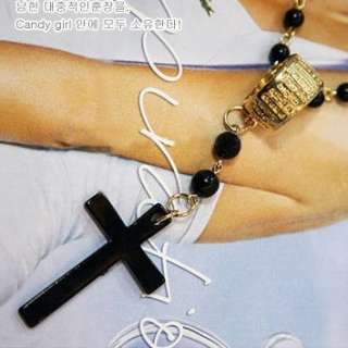  Cute Cross Pendant Black Bead Long Chain Necklace   