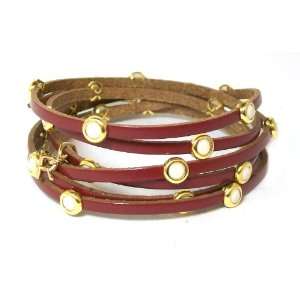 Rush Collection Gold Plated Maroon/Red Leather Wrap Bracelet with 