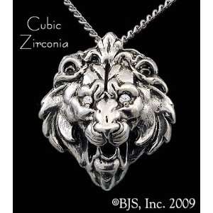 Lion Head Necklace, Sterling Silver, 24 long rhodium plated chain 