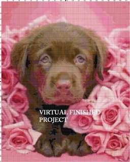 Chocolate Lab Puppy w Roses Cross Stitch Pat Dogs TBB  