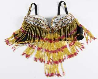   Sequined Beaded Fringe Black Padded Womens Bra Top Yellow Pink  