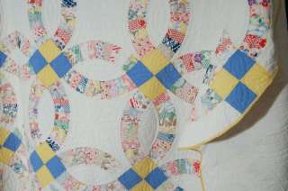 Large 30s Vintage Double Wedding Ring Antique Quilt ~NICE BLUE 