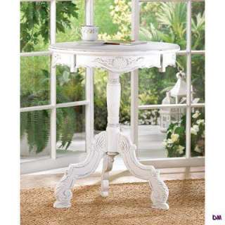 Shabby Distressed White Carved Wood Round Accent End Night Stand Table 