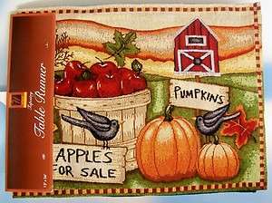   Harvest Country Farm Scene Tapestry Table Runner Barn Apples Pumpkins