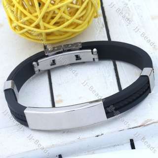   Stainless Steel Black Rubber Bracelet Wristband Cuff Boy Bangle  