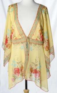   Yellow Tie Front Floral Tunic Shirt Blouse Bohemian Large/XL  
