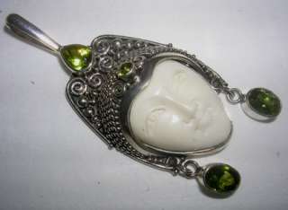 Sterling Silver Carved GODDESS Face PERIDOT Gemstone Filigree Necklace 