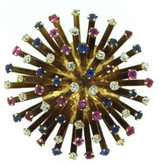   DIAMONDS, RUBY, SAPPHIRE FRENCH MARKS PIN BROOCH VINTAGE C.1950  