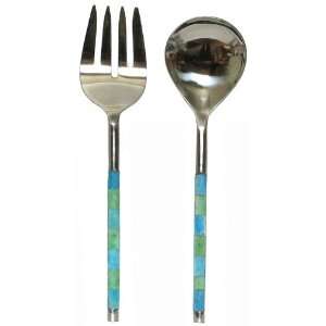  Decorative Stainless Steel Salad Servers with Blue & Green 