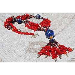 Silver Red Coral and Lapis Lazuli Necklace (Afghanistan)   