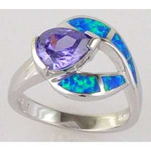 925 Sterling Silver Inlay Synthetic OPAL Pear Shape CZ Tanzanite Ring 